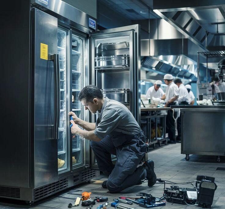 Fix Masters technician repairing commercial kitchen equipment in South Florida restaurant